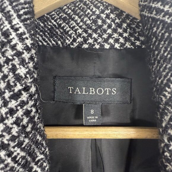 Talbots overcoat women’s size 8 wool tweed black white button collar - Picture 2 of 6